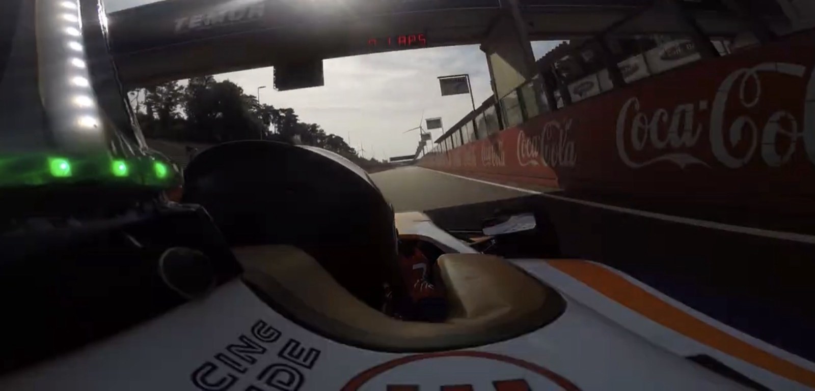 Onboard view from an electric formula car on the pit straight at Circuit Zolder.